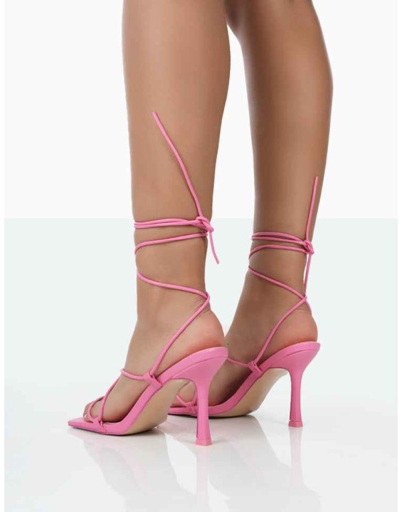 Euphoria Pink Pu Square Toe Lace Up Mid Heels