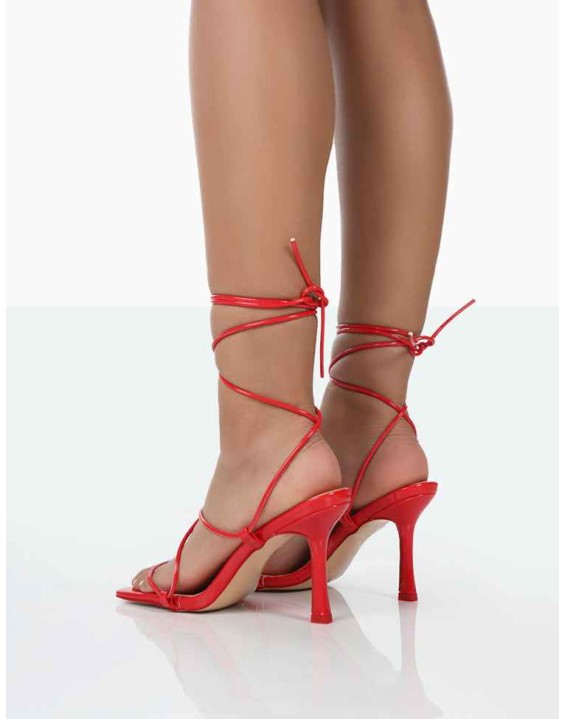 Euphoria Red Patent Square Toe Lace Up Mid Heels