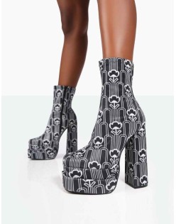 Supreme Black Floral Print Nylon Platform Block Heel Ankle Boots