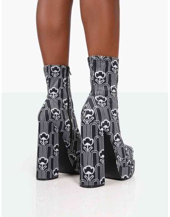 Supreme Black Floral Print Nylon Platform Block Heel Ankle Boots