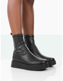 Not Okay Black Pu Chunky Sole Sock Ankle Boots
