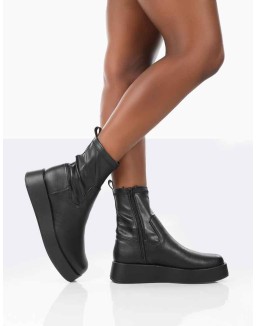 Not Okay Black Pu Chunky Sole Sock Ankle Boots