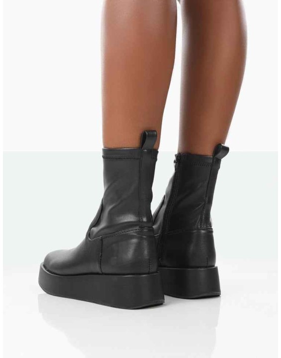 Not Okay Black Pu Chunky Sole Sock Ankle Boots