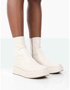 Not Okay Ecru Pu Chunky Sole Sock Ankle Boots