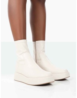 Not Okay Ecru Pu Chunky Sole Sock Ankle Boots