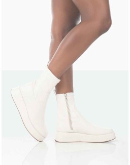 Not Okay Ecru Pu Chunky Sole Sock Ankle Boots