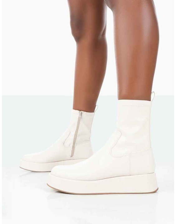 Not Okay Ecru Pu Chunky Sole Sock Ankle Boots