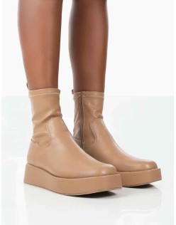 Not Okay Nude Pu Chunky Sole Sock Ankle Boots