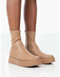 Not Okay Nude Pu Chunky Sole Sock Ankle Boots