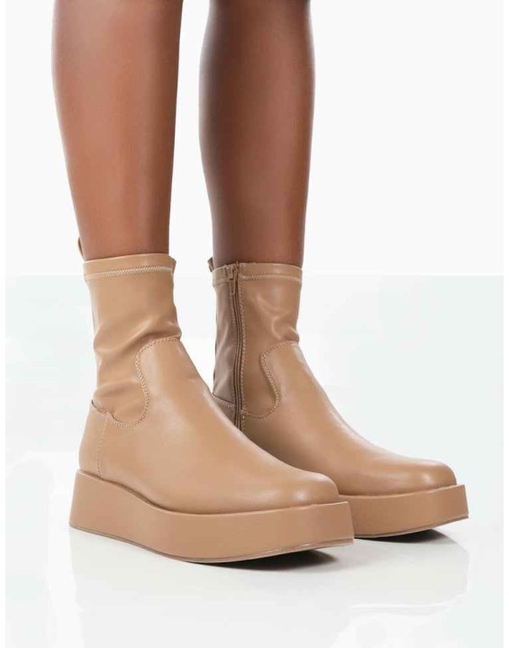 Not Okay Nude Pu Chunky Sole Sock Ankle Boots