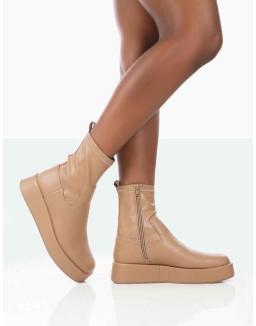 Not Okay Nude Pu Chunky Sole Sock Ankle Boots