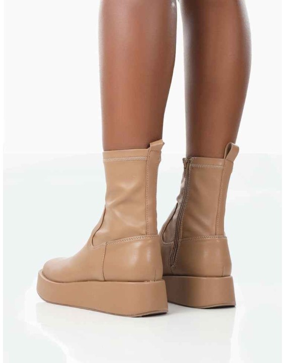Not Okay Nude Pu Chunky Sole Sock Ankle Boots