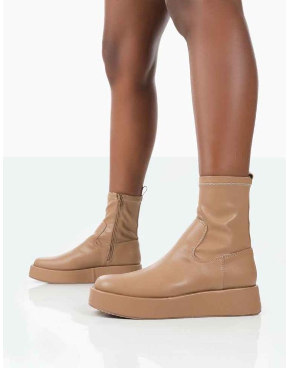 Not Okay Nude Pu Chunky Sole Sock Ankle Boots