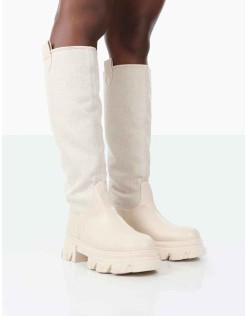 Genius Ecru PU Knee High Linen Chunky Sole Boots
