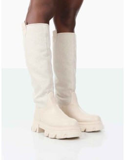 Genius Ecru PU Knee High Linen Chunky Sole Boots