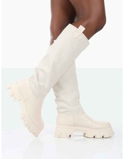 Genius Ecru PU Knee High Linen Chunky Sole Boots