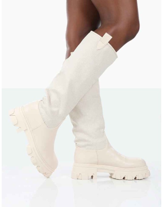 Genius Ecru PU Knee High Linen Chunky Sole Boots