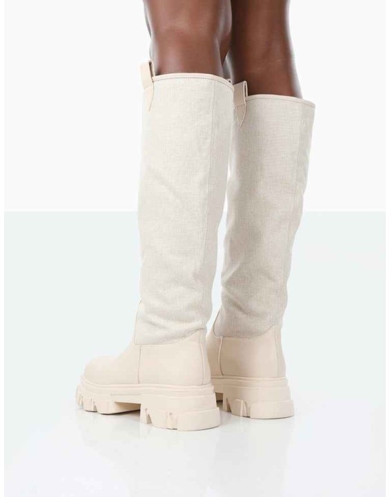 Genius Ecru PU Knee High Linen Chunky Sole Boots