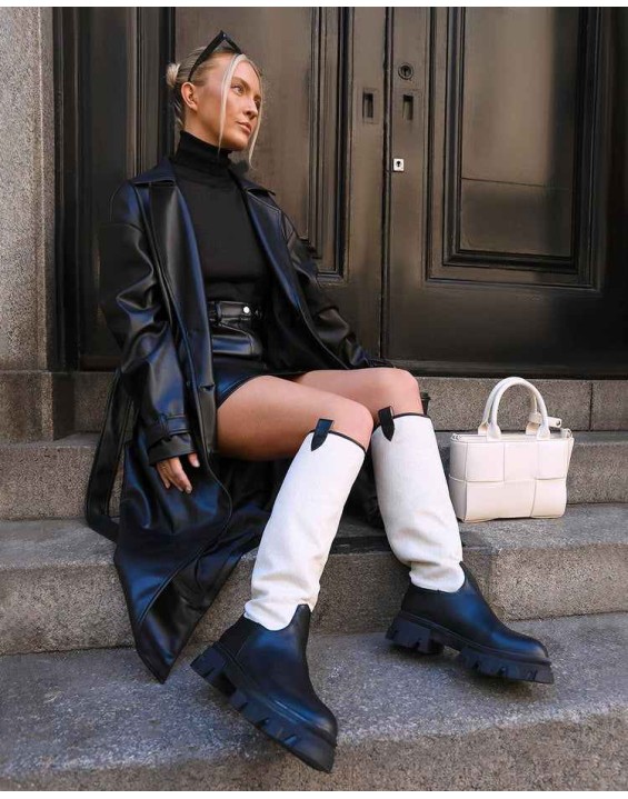 Genius Black PU Knee High Linen Chunky Sole Boots
