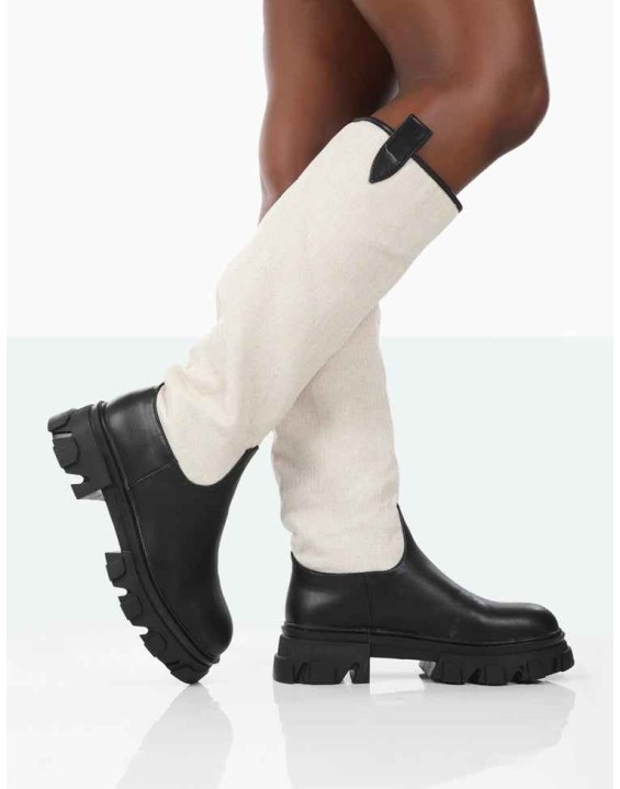 Genius Black PU Knee High Linen Chunky Sole Boots