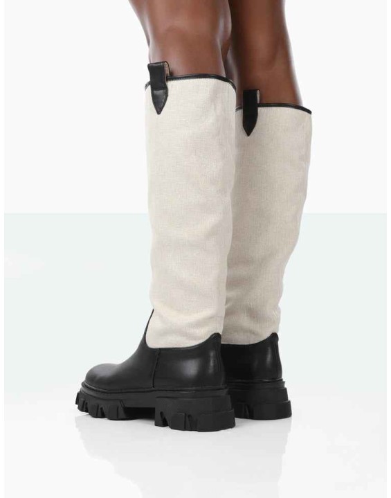 Genius Black PU Knee High Linen Chunky Sole Boots
