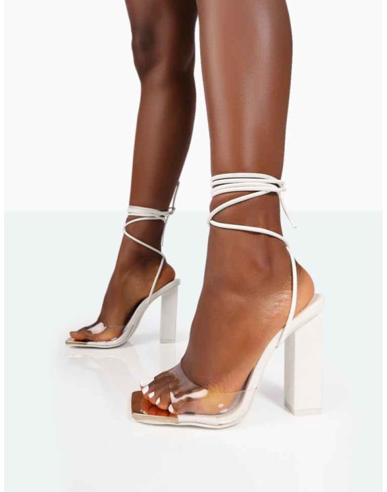 Date-Night Wide Fit White Croc Lace Up Clear Perspex Square Toe Heels