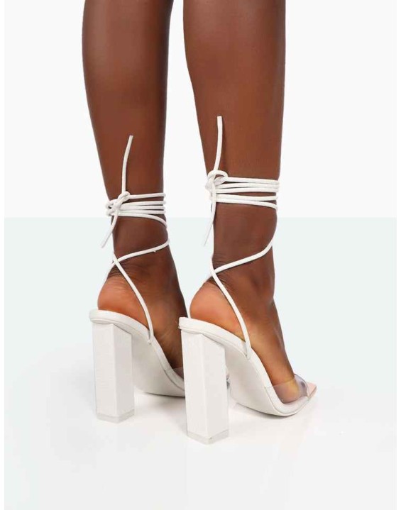 Date-Night Wide Fit White Croc Lace Up Clear Perspex Square Toe Heels