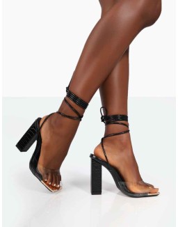 Date-Night Wide Fit Black Croc Lace Up Clear Perspex Square Toe Heels