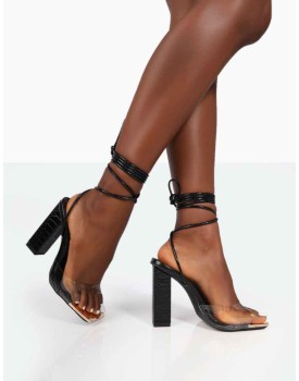 Date-Night Wide Fit Black Croc Lace Up Clear Perspex Square Toe Heels