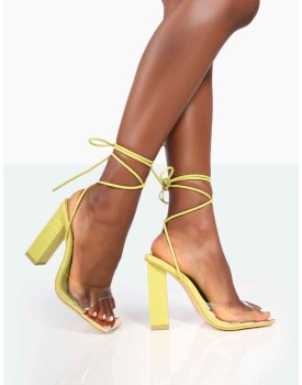 Date-Night Wide Fit Lime Croc Lace Up Clear Perspex Square Toe Heels