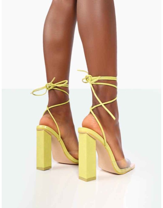 Date-Night Wide Fit Lime Croc Lace Up Clear Perspex Square Toe Heels