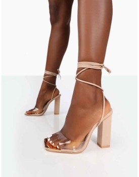 Date-Night Wide Fit Nude PU Lace Up Clear Perspex Square Toe Heels