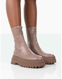 Rusty Mocha Pu Chunky Sole Sock Ankle Boots