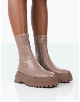Rusty Mocha Pu Chunky Sole Sock Ankle Boots