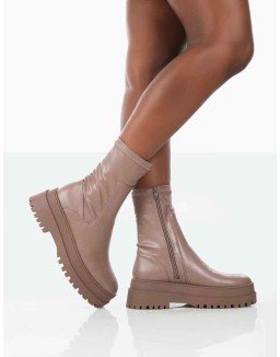 Rusty Mocha Pu Chunky Sole Sock Ankle Boots
