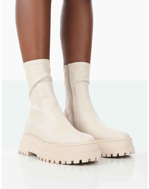 Rusty Bone Pu Chunky Sole Sock Ankle Boots