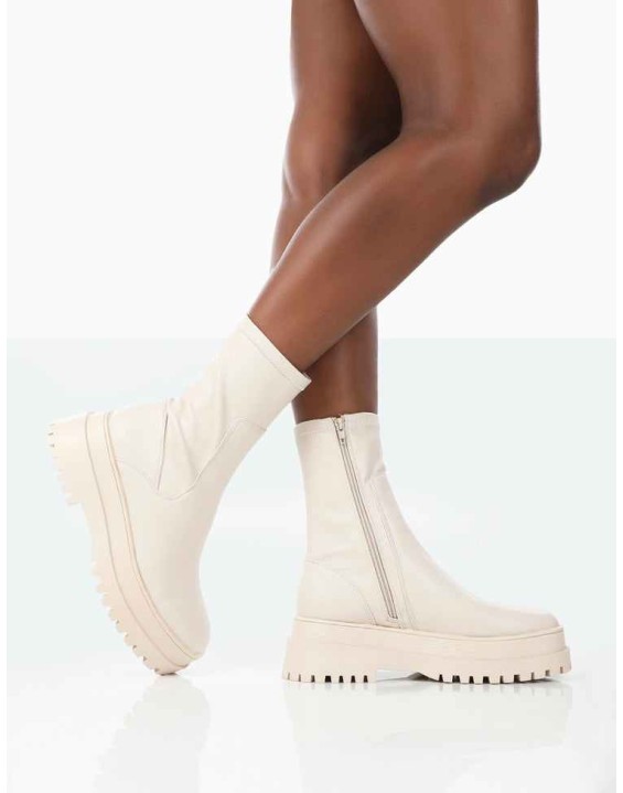 Rusty Bone Pu Chunky Sole Sock Ankle Boots