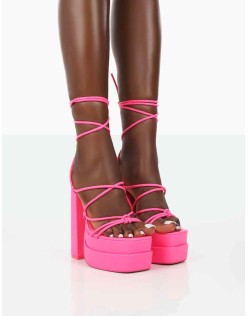 Glow Girl Neon Pink PU Lace Up Platform High Heels
