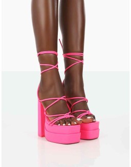 Glow Girl Neon Pink PU Lace Up Platform High Heels