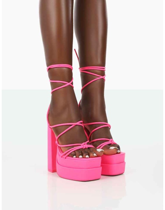 Glow Girl Neon Pink PU Lace Up Platform High Heels