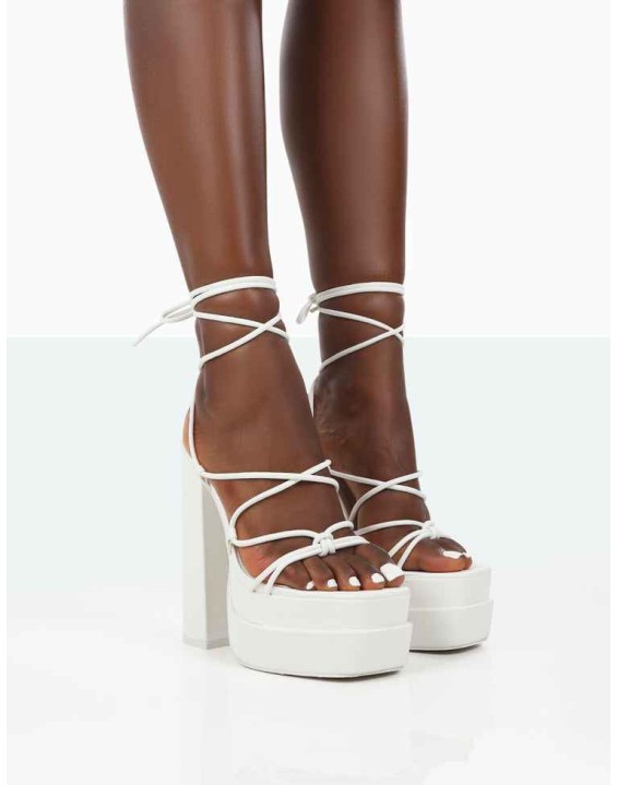 Glow Girl White PU Lace Up Platform High Heels