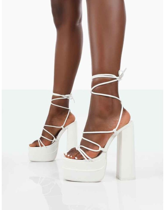 Glow Girl White PU Lace Up Platform High Heels