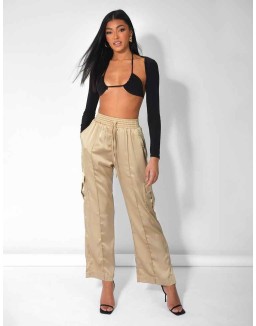 Split Hem Satin Elasticated Waist Wide Leg Cargo Trousers Champagne