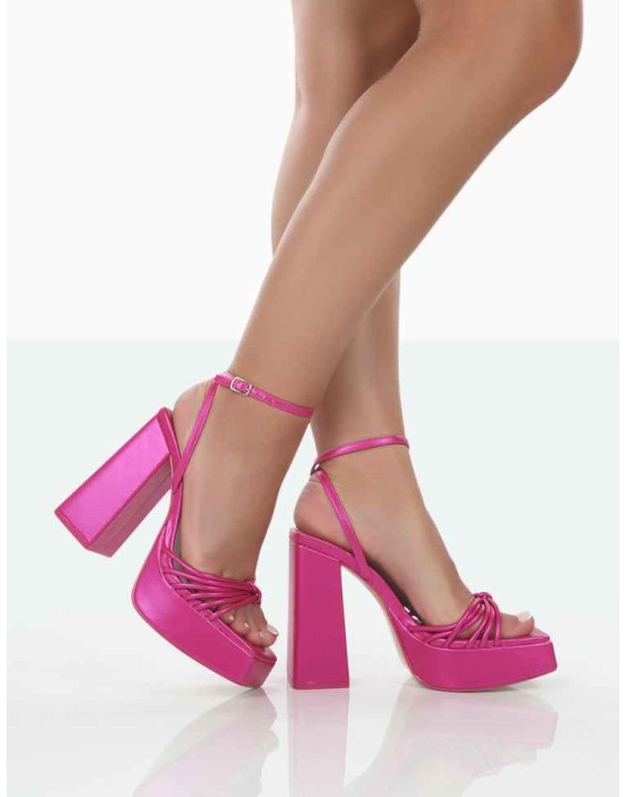 Boujee Pink Metallic Square Toe Strappy Block Heels