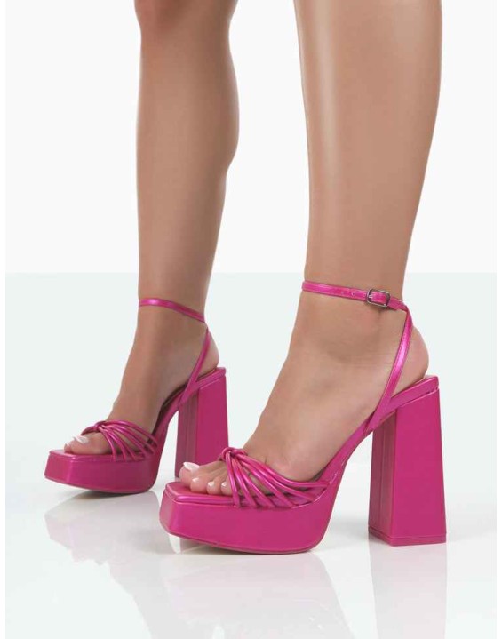 Boujee Pink Metallic Square Toe Strappy Block Heels