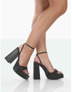 Boujee Black Pu Square Toe Strappy Block Heels