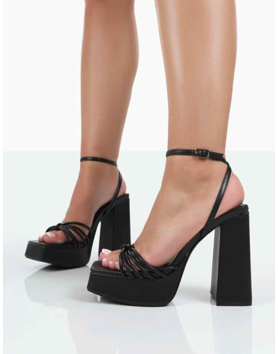 Boujee Black Pu Square Toe Strappy Block Heels