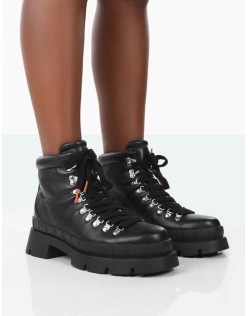 Hike There Black Pu Lace Up Chunky Sole Winter Boots