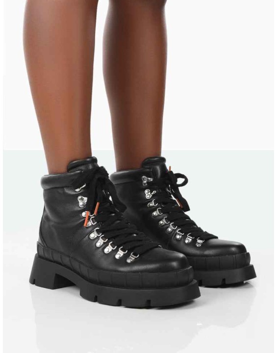 Hike There Black Pu Lace Up Chunky Sole Winter Boots