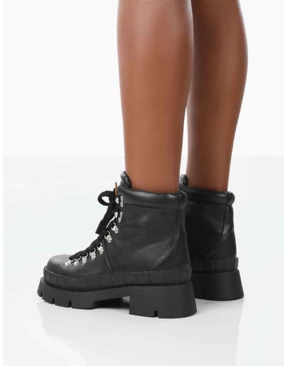 Hike There Black Pu Lace Up Chunky Sole Winter Boots